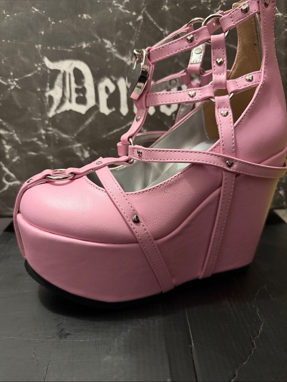 Demonia Poison-25-2 Pink Vegan Leather Heart Lock Mary Jane Shoes 6